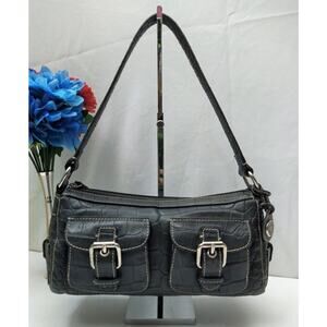 Dooney & Bourke Black Leather Crocodile Embossed Buckle Pocket Hobo Shoulder Bag